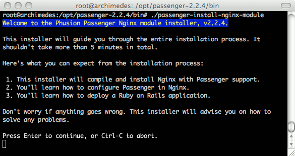 Phusion Passenger nginx installer program running on Ubuntu 10.04 (Lucid). Phusion Passenger nginx installer program running on Ubuntu 10.04 (Lucid).