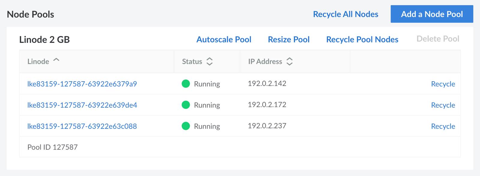 Screenshot of the Node Pools section of a cluster in the Cloud Manager Screenshot of the Node Pools section of a cluster in the Cloud Manager