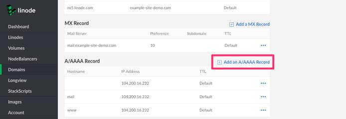 Create a new A record by first click on “Add an A/AAAA Record” Create a new A record by first click on “Add an A/AAAA Record”