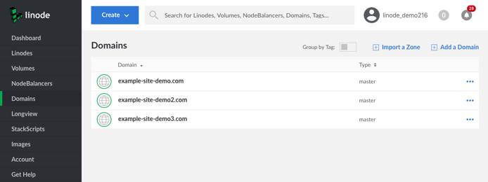 This page shows the Domains page with three different domain zones listed. This page shows the Domains page with three different domain zones listed.