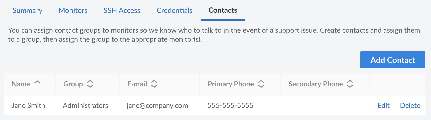 Screenshot of the Managed Services Contacts page in the Cloud Manager Screenshot of the Managed Services Contacts page in the Cloud Manager