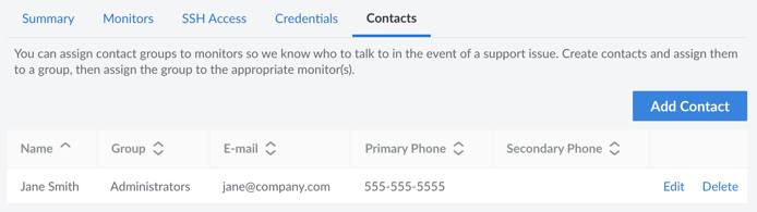 Screenshot of the Managed Services Contacts page in the Cloud Manager Screenshot of the Managed Services Contacts page in the Cloud Manager